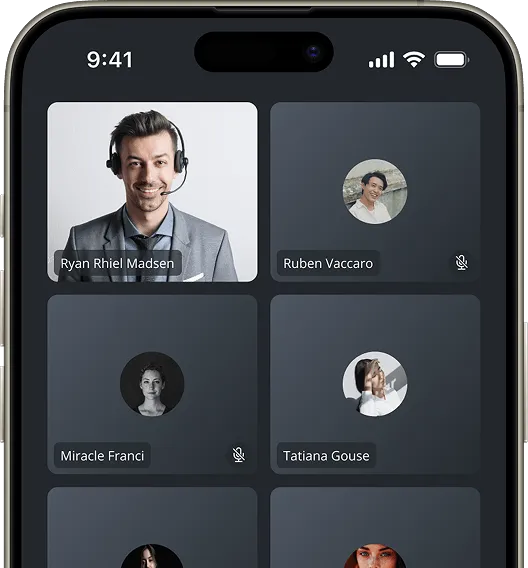Video call screen on a smartphone showing six participants, with some microphones muted and one participant prominently visible wearing a headset.