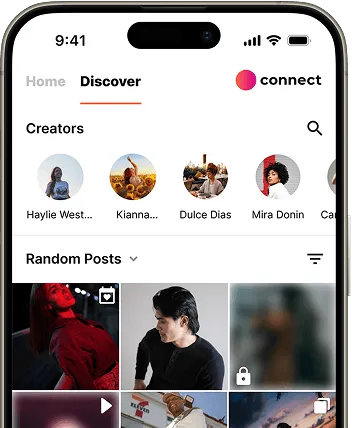 Screenshot of a mobile app interface showing a 'Discover' section with icons for creators and random posts.