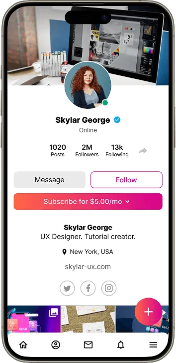 A smartphone screen displays a social media app’s Profile page. The interface shows circular profile icon of creator, buttons to message, follow or subscribe to creator, followed by a grid of photo and video posts.